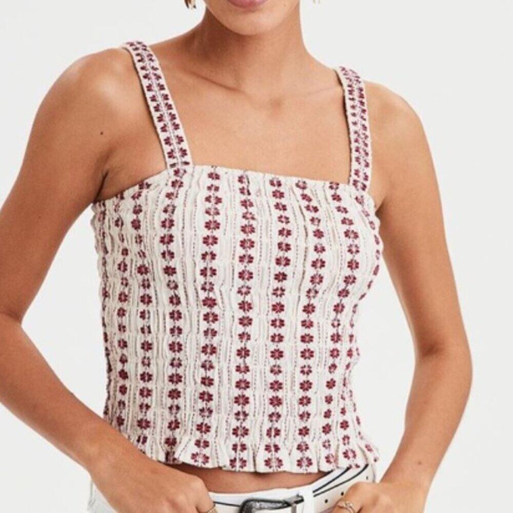 American Eagle Stretchy Crop Top Tank Boho Small Cream Red